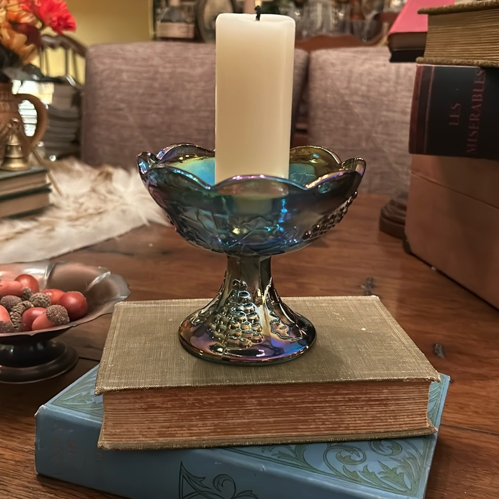 Vintage Carnival Glass Blue Harvest Grape Candle Holder